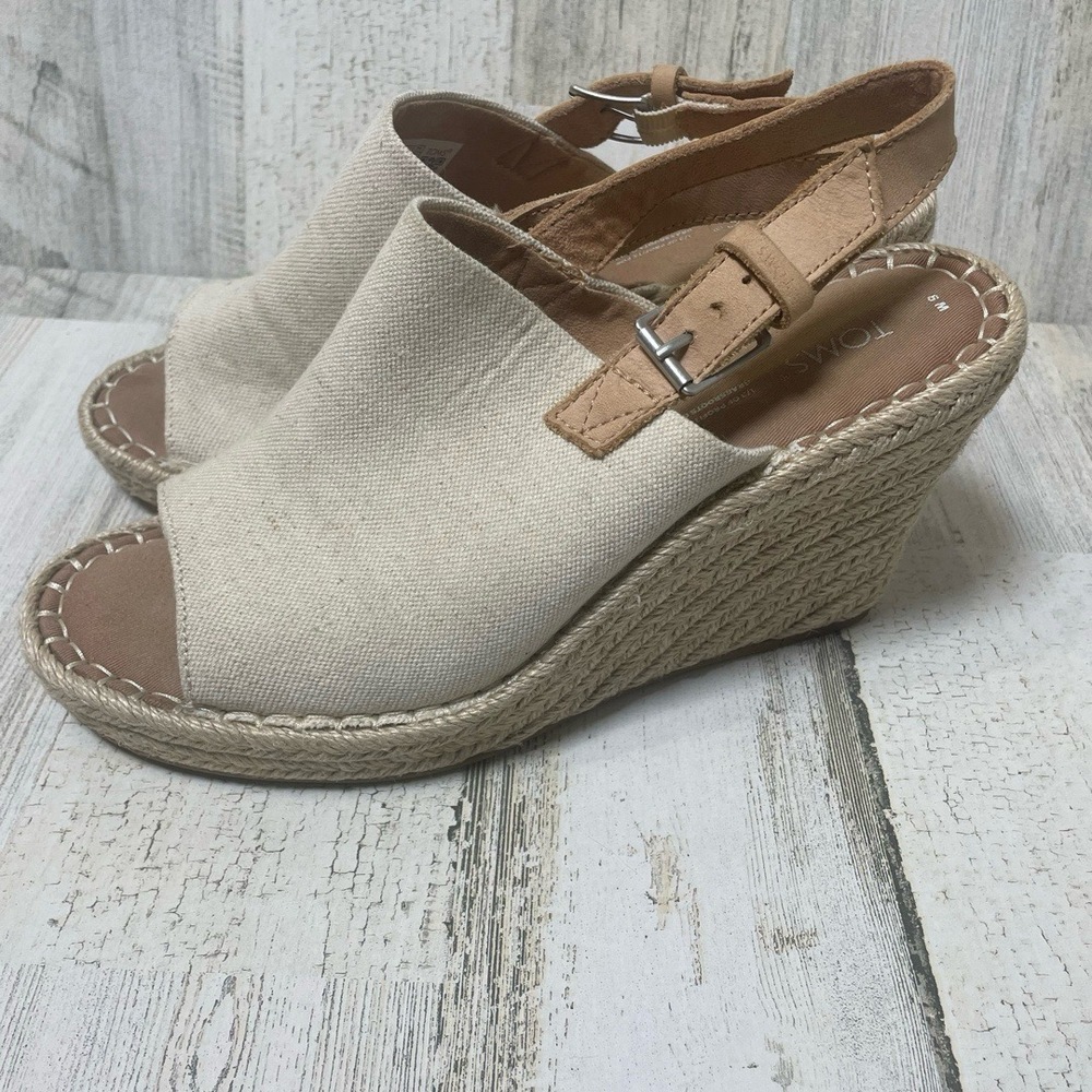 TOMS Monica Espadrille Wedge Sandals Natural Oxford Canvas‎ Tan Size 9 Tan